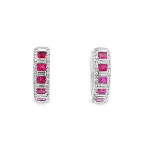 Ruby and Diamond Huggie Earrings 14K White Gold