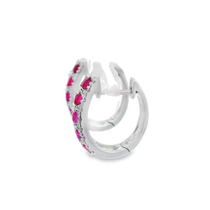 Ruby and Diamond Huggie Earrings 14K White Gold