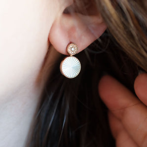 Fluted Mother of Pearl and Diamond Drop Earrings 14K Yellow Gold