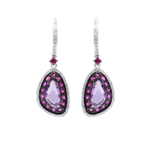 Amethyst Earrings with Ruby and Diamond Halo 14K White Gold