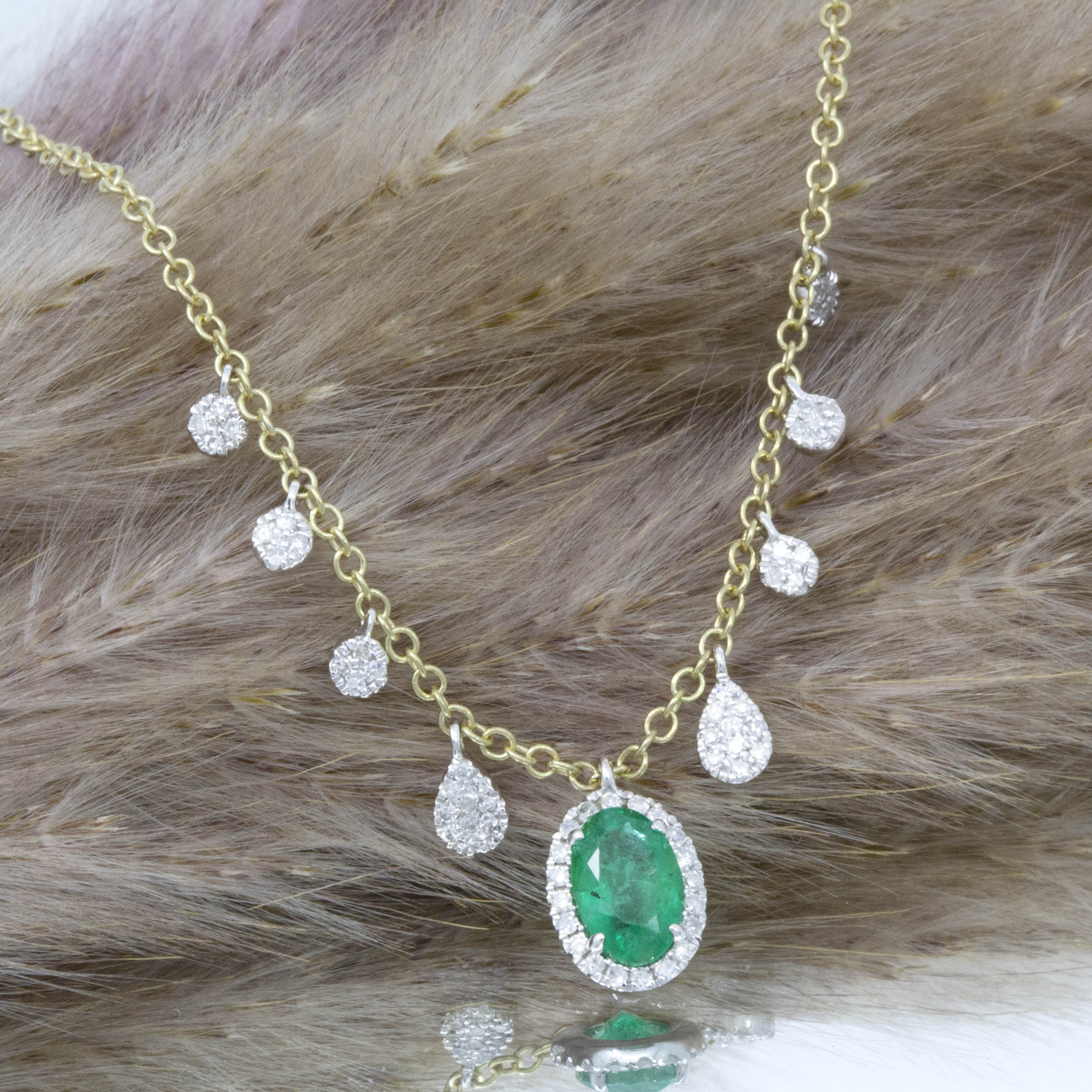 Oval Emerald Halo & Pave Diamond Charm Necklace