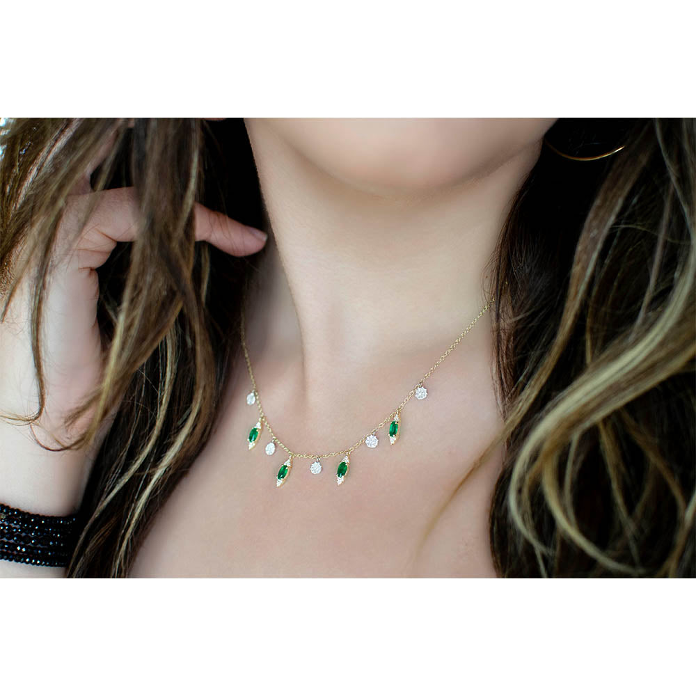 Emerald & Pave Diamond Charm Station Necklace