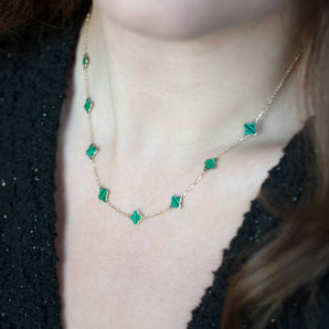 Malachite Clover Station Necklace 14K Yellow Gold