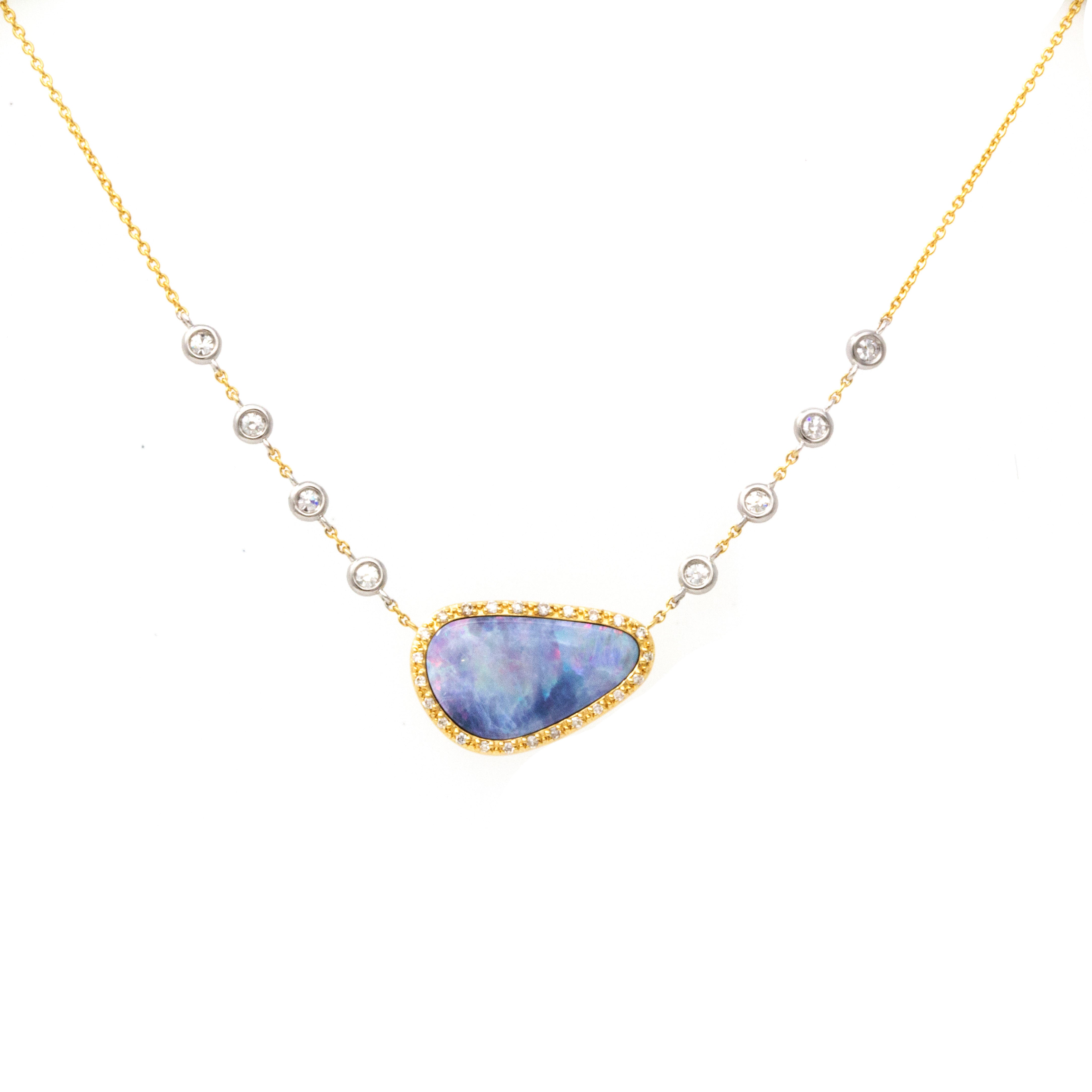 Ethereal Iridescence: Opal & Diamonds Two-Tone Necklace