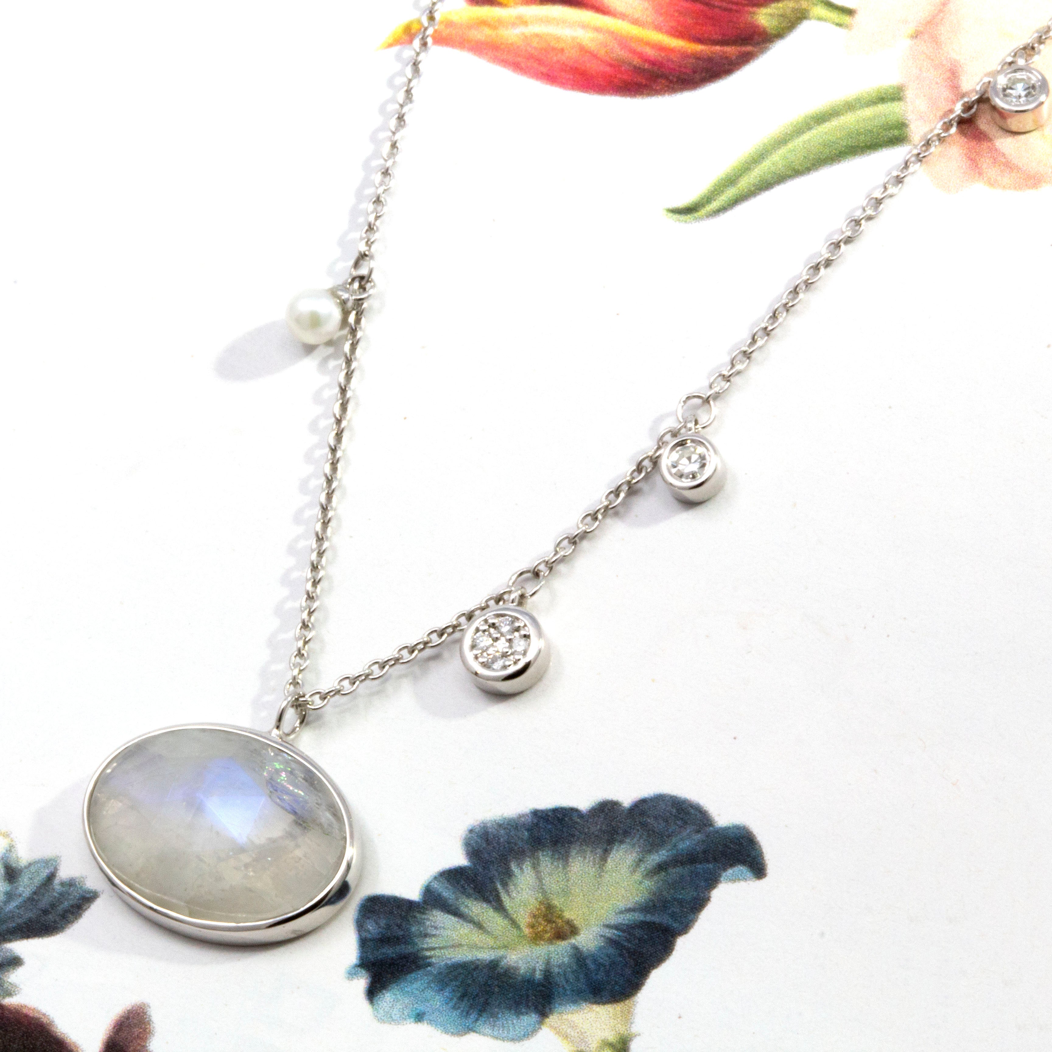 Celestial Elegance: Rose Cut Moonstone, Pearls, & Diamonds Necklace