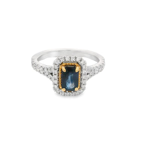 Emerald Cut Sapphire and Diamond Halo Ring 18K White and Yellow Gold