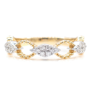 Pave Diamond and Beaded Pattern Ring 14K Yellow + White Gold