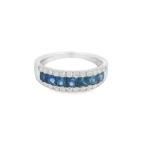 Square Sapphire and Round Diamond 3 Row Ring 14KW