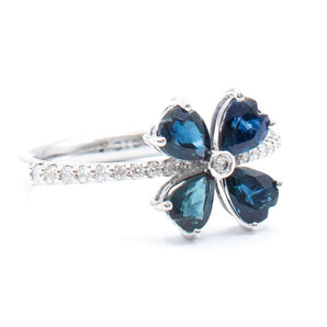 Sapphire and Diamond Flower Ring 14K White Gold