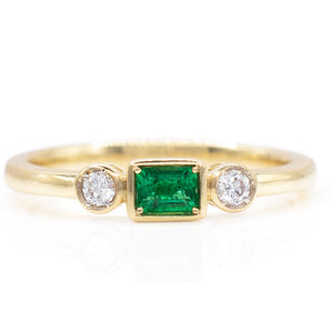 Emerald and Diamond Three-Stone Bezel Ring 14K Yellow Gold