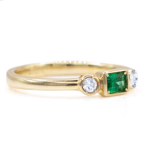Emerald and Diamond Three-Stone Bezel Ring 14K Yellow Gold