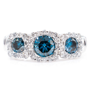 1.80 Carat Blue and White Diamond Trio Halo Ring 14k White Gold