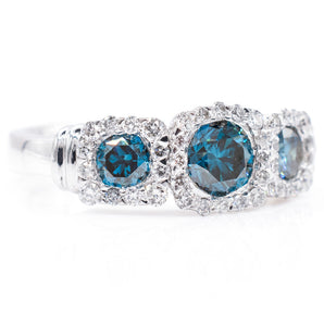 1.80 Carat Blue and White Diamond Trio Halo Ring 14k White Gold