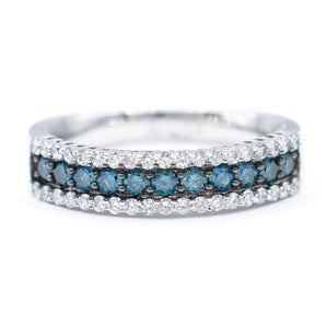 Blue and White Diamond 3 Row Ring 14K White Gold