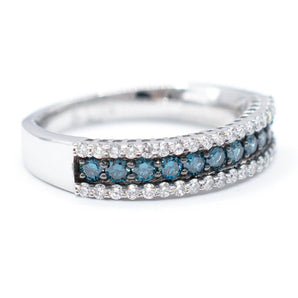 Blue and White Diamond 3 Row Ring 14K White Gold