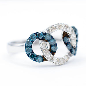 Blue and White Diamond Circle Trio Ring 14K White Gold