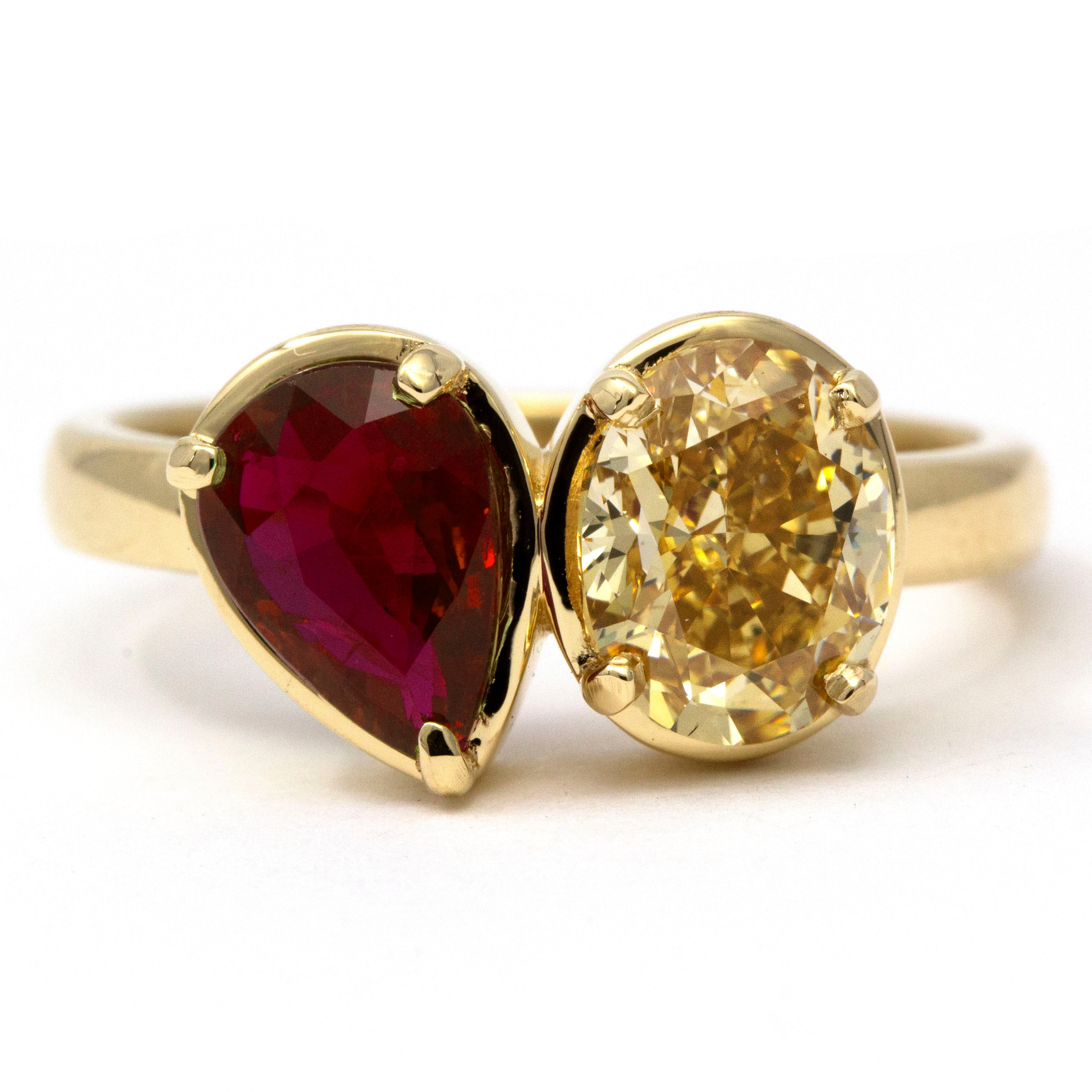 "Moi Et Toi" Fancy Yellow-Brown Diamond & Ruby 18K Gold Ring