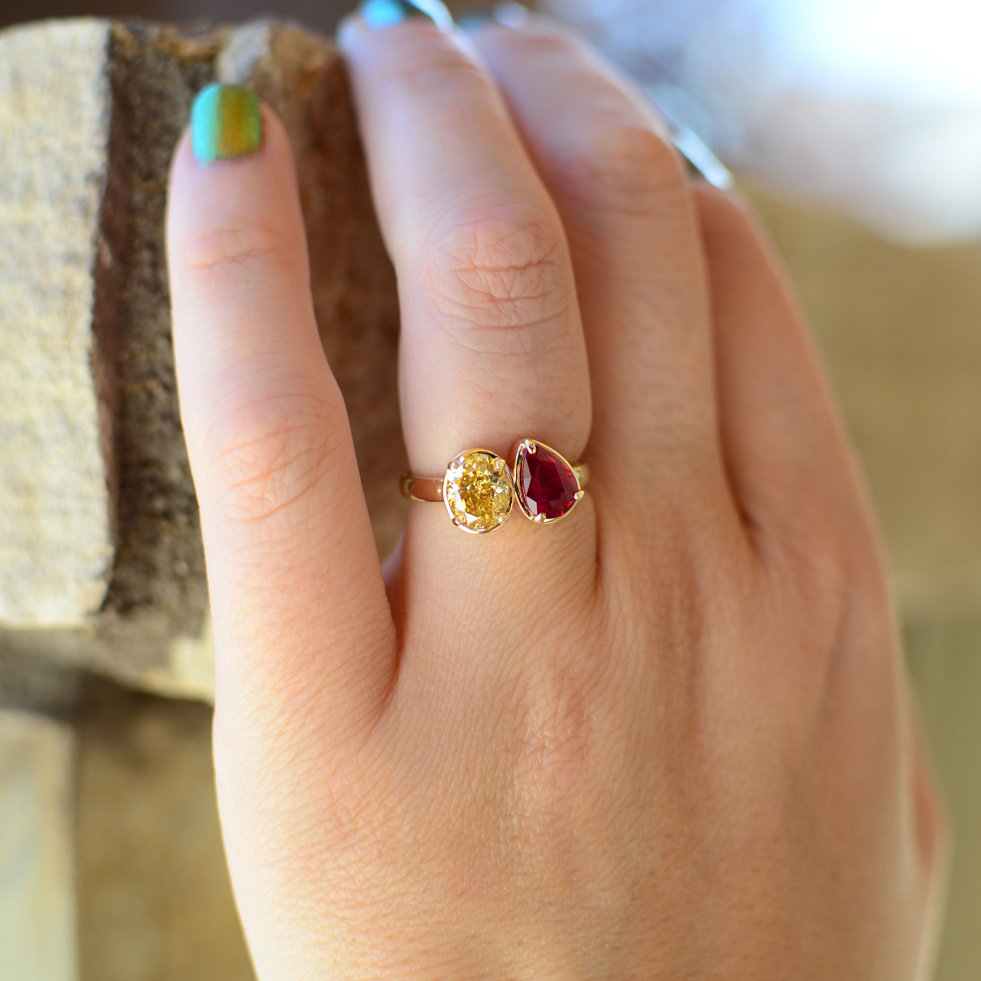 "Moi Et Toi" Fancy Yellow-Brown Diamond & Ruby 18K Gold Ring