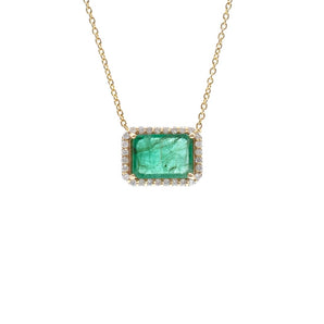 Emerald and Diamond Halo Pendant 14K Yellow Gold