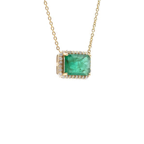 Emerald and Diamond Halo Pendant 14K Yellow Gold