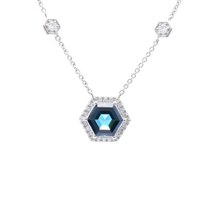 Hexagonal London Blue Topaz and Diamond Necklace 14K White Gold