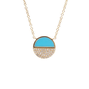 Turquoise and Pave Diamond Disc Pendant 14K Yellow Gold