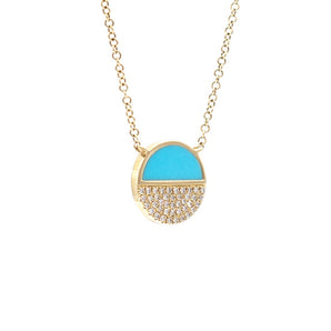 Turquoise and Pave Diamond Disc Pendant 14K Yellow Gold