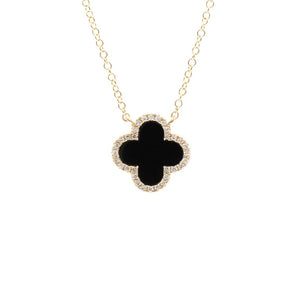 Black Agate & Diamond Clover Pendant 14K Yellow Gold