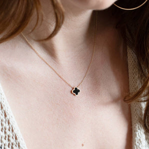Black Agate & Diamond Clover Pendant 14K Yellow Gold