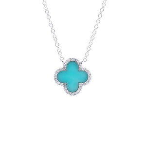 Turquoise & Diamond Clover Pendant 14K White Gold