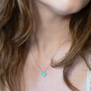 Turquoise & Diamond Clover Pendant 14K White Gold