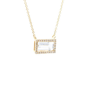 White Quartz and Diamond Rectangle Pendant 14K Yellow Gold