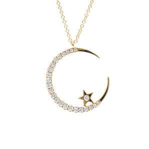 Diamond Crescent Moon and Star Pendant 14K Yellow Gold