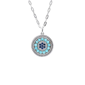 Turquoise, Sapphire and Diamond Mandala Pendant 14K White Gold