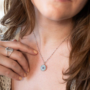 Turquoise, Sapphire and Diamond Mandala Pendant 14K White Gold