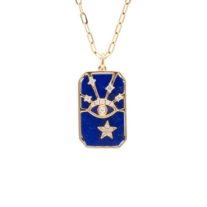 Lapis and Diamond Celestial Eye Dog Tag Necklace 14K Yellow Gold