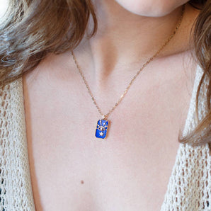 Lapis and Diamond Celestial Eye Dog Tag Necklace 14K Yellow Gold