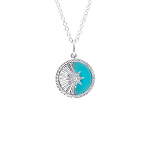 Turquoise and Diamond Celestial Circle Pendant 14K White Gold