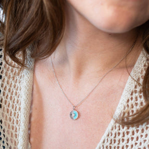 Turquoise and Diamond Celestial Circle Pendant 14K White Gold