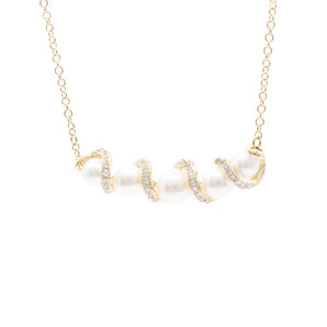 Five Pearl and Diamond Bar Necklace 14K Yellow Gold