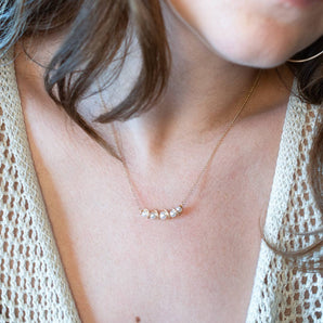Five Pearl and Diamond Bar Necklace 14K Yellow Gold