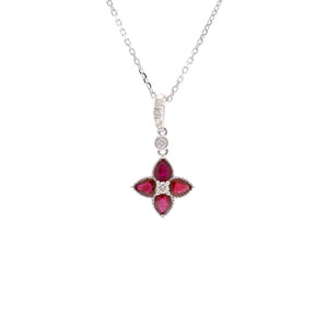 Ruby and Diamond Flower Pendant 18K White Gold