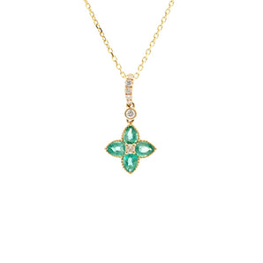 Emerald and Diamond Flower Pendant 18K Yellow Gold