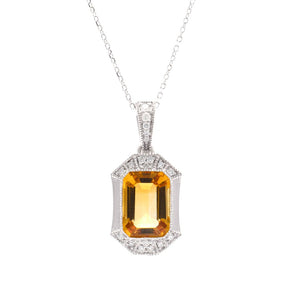 Citrine and Diamond Pendant 14K White Gold