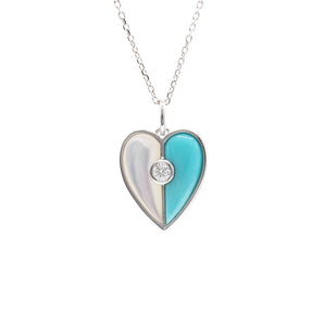 Turquoise, Mother of Pearl & Diamond Heart Pendant 14K White Gold