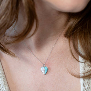Turquoise, Mother of Pearl & Diamond Heart Pendant 14K White Gold