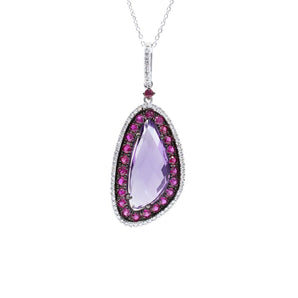 4.40 CT Amethyst Pendant with Ruby and Diamond Halo 14K White Gold