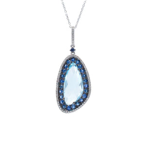 Blue Topaz, Sapphire and Diamond Pendant 14K White Gold