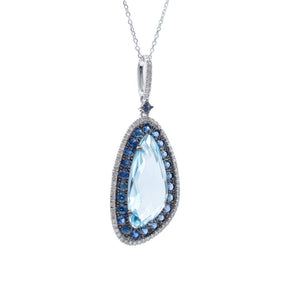 Blue Topaz, Sapphire and Diamond Pendant 14K White Gold