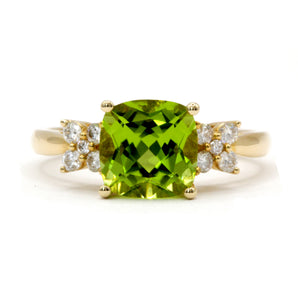 2.41 CT Cushion Shape Peridot and Diamond Ring 14KY